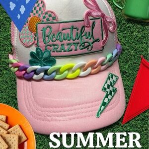 Pink Cap with Colorful Chain and Embroidery